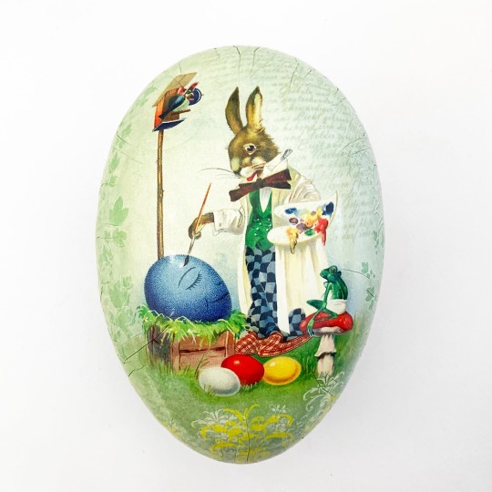 6" Green Papier Mache Easter Egg Container with Vintage Artist Bunny and Eggs ~ Germany